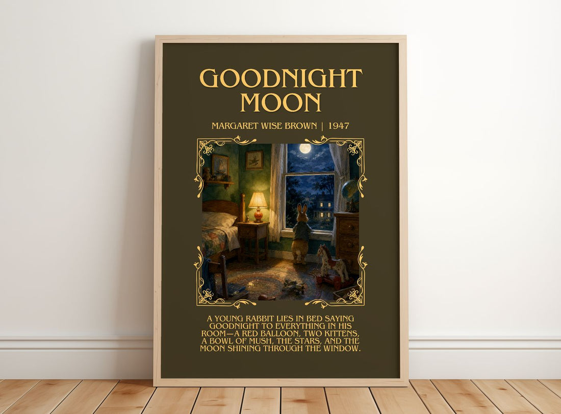 Goodnight Moon Minimalist Book Poster by Margaret Wise Brown – framed print leaning on a wooden floor