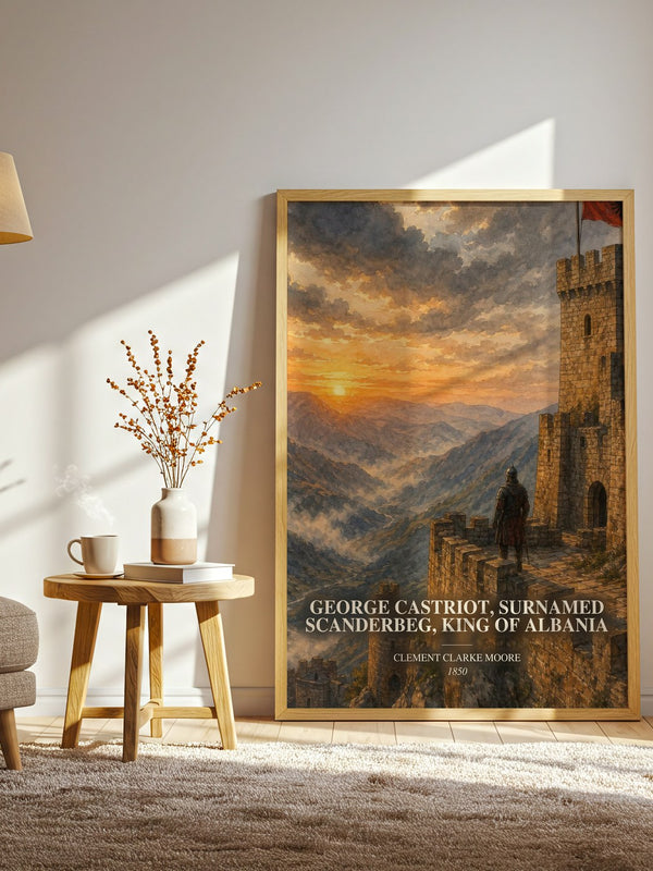 George Castriot, Surnamed Scanderbeg, King Of Albania watercolour print in frame leaning in hallway – historical fiction