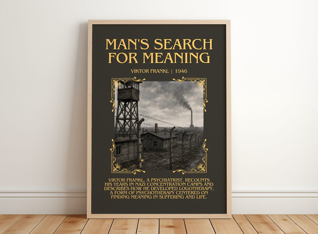 Man's Search for Meaning Minimalist Book Poster by Viktor Frankl – framed print leaning on a wooden floor
