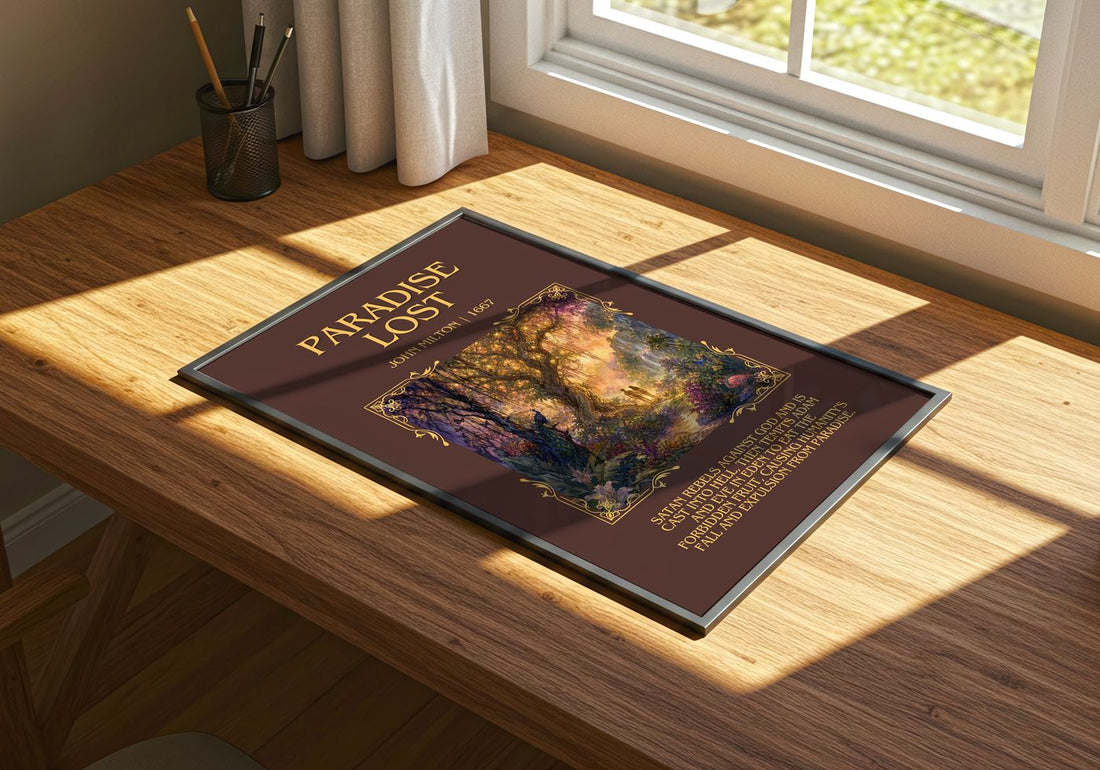Paradise Lost Minimalist Book Poster by John Milton – print on a sunlit desk