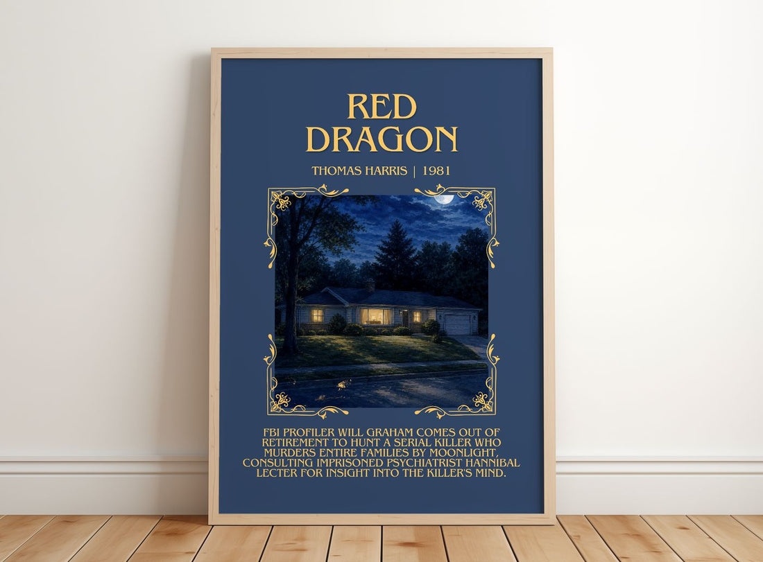 Red Dragon Minimalist Book Poster by Thomas Harris – framed print leaning on a wooden floor