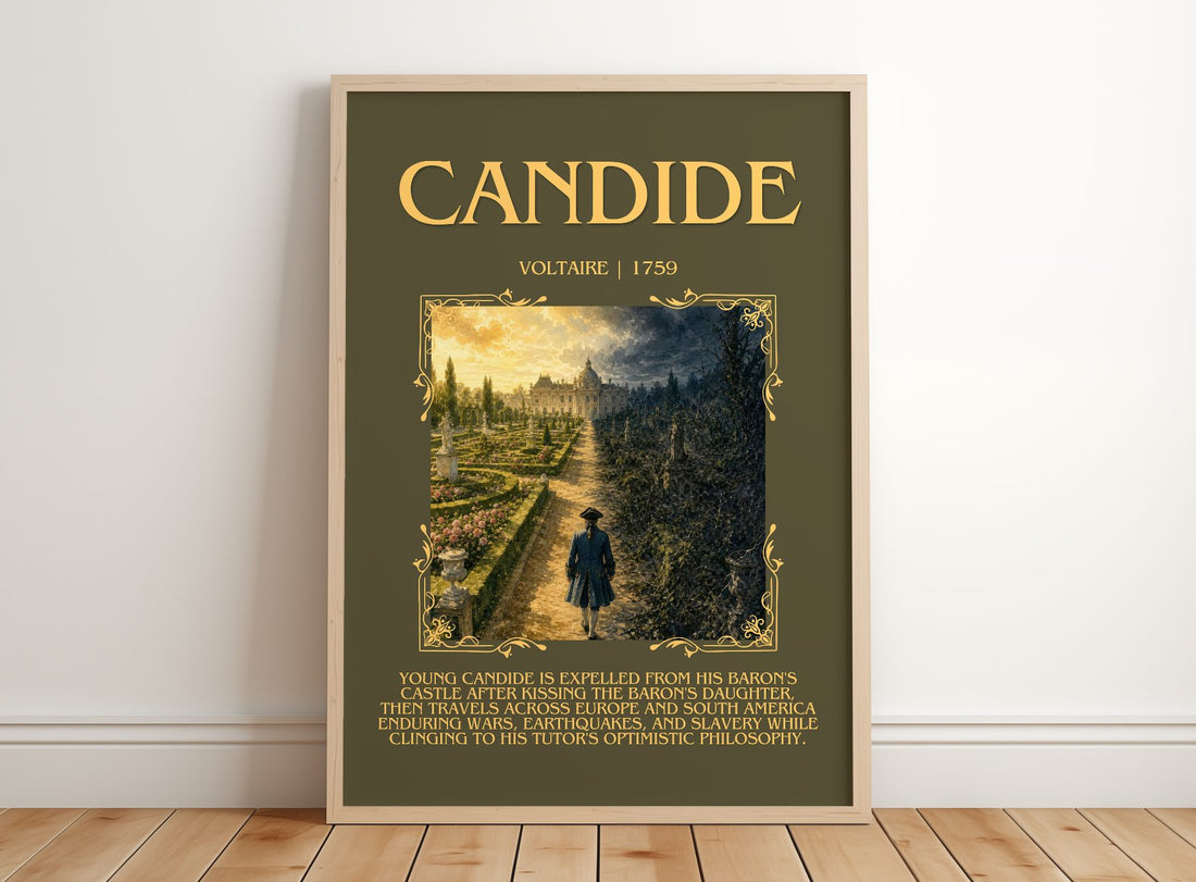Candide Minimalist Book Poster by Voltaire – framed print leaning on a wooden floor
