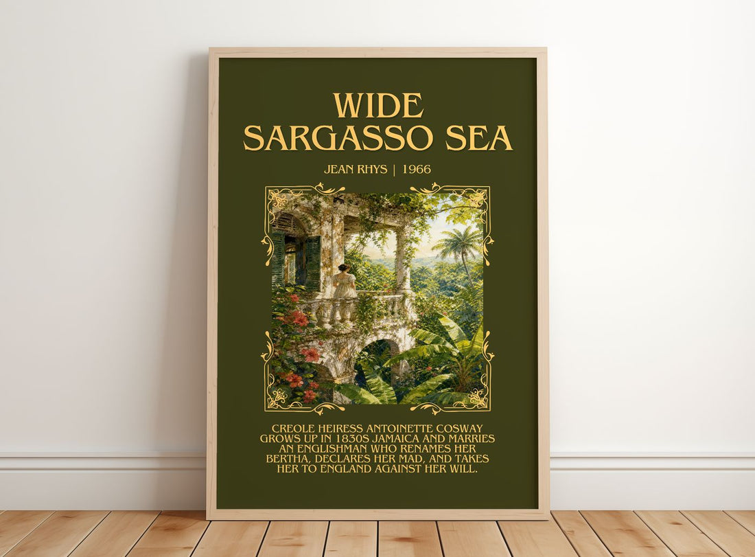 Wide Sargasso Sea Minimalist Book Poster by Jean Rhys – framed print leaning on a wooden floor