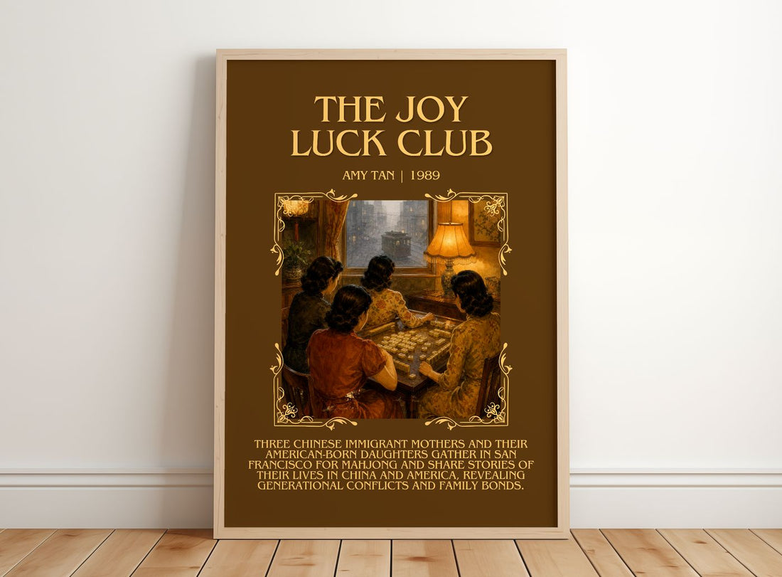 The Joy Luck Club Minimalist Book Poster by Amy Tan – framed print leaning on a wooden floor