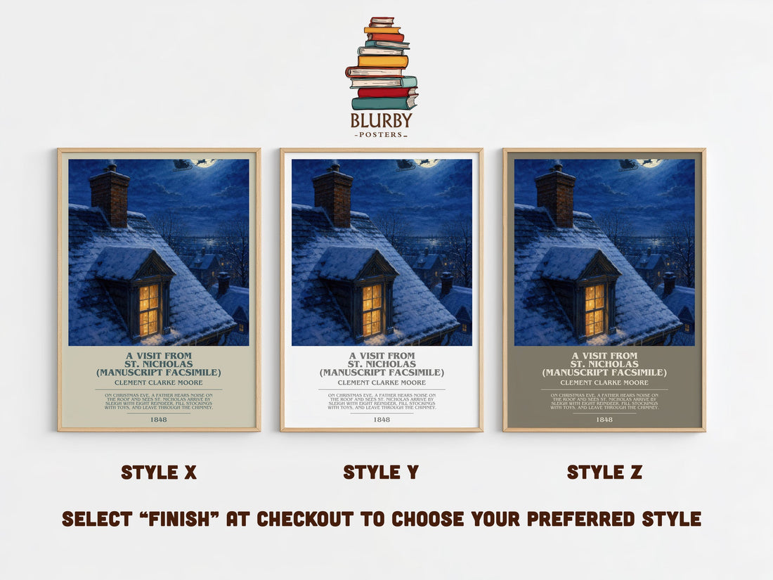 A Visit From St. Nicholas (Manuscript Facsimile) bookish print in frame leaning in hallway – poetry wall art (mockup)