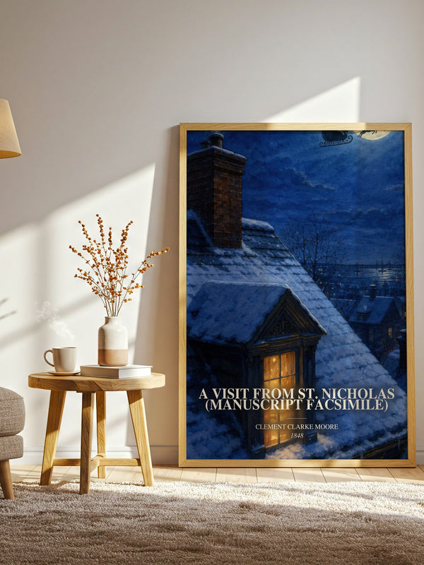 A Visit From St. Nicholas (Manuscript Facsimile) watercolour print in frame leaning in hallway – poetry wall art