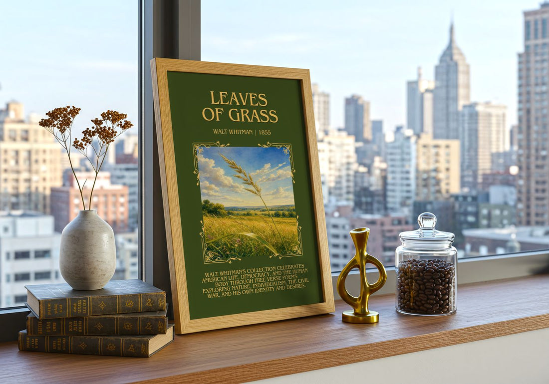 Leaves of Grass Minimalist Book Poster by Walt Whitman – framed print on a city-view windowsill
