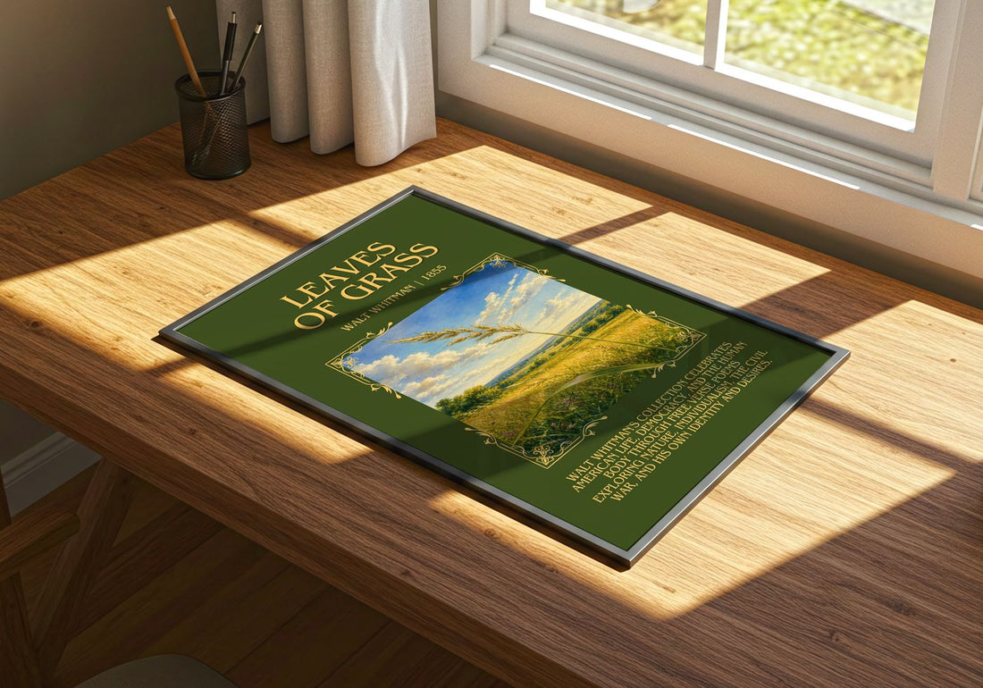 Leaves of Grass Minimalist Book Poster by Walt Whitman – print on a sunlit desk