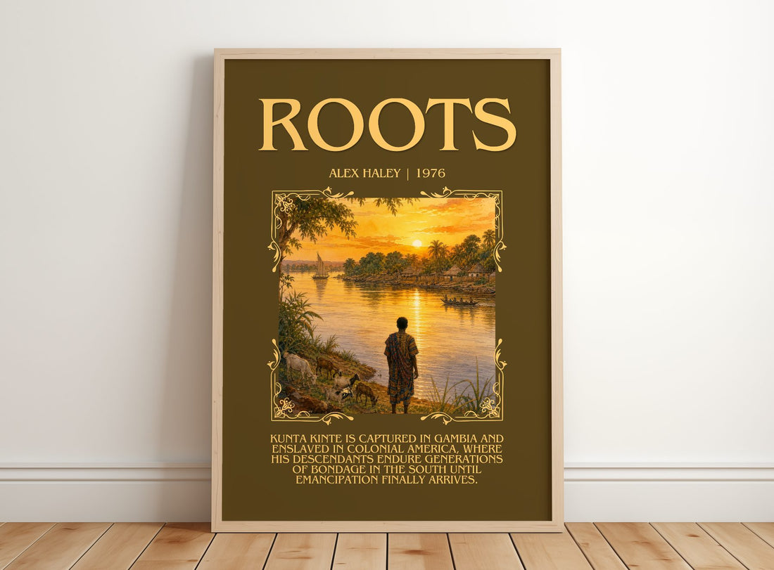 Roots Minimalist Book Poster by Alex Haley – framed print leaning on a wooden floor
