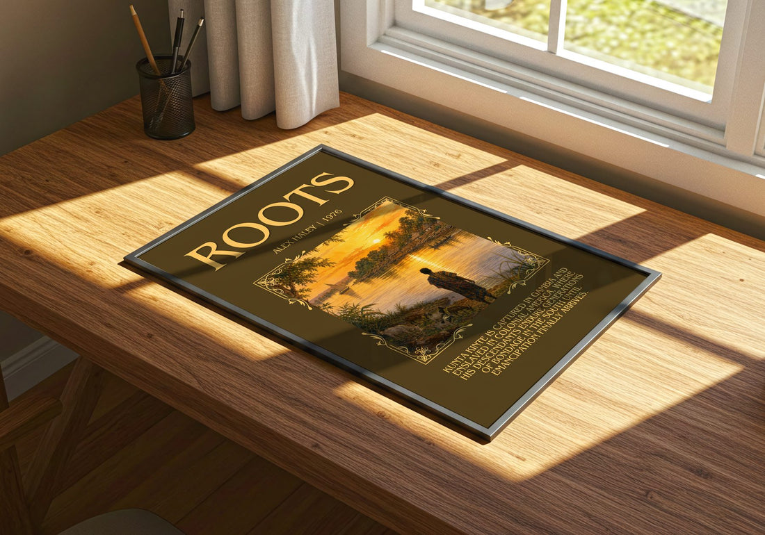 Roots Minimalist Book Poster by Alex Haley – print on a sunlit desk