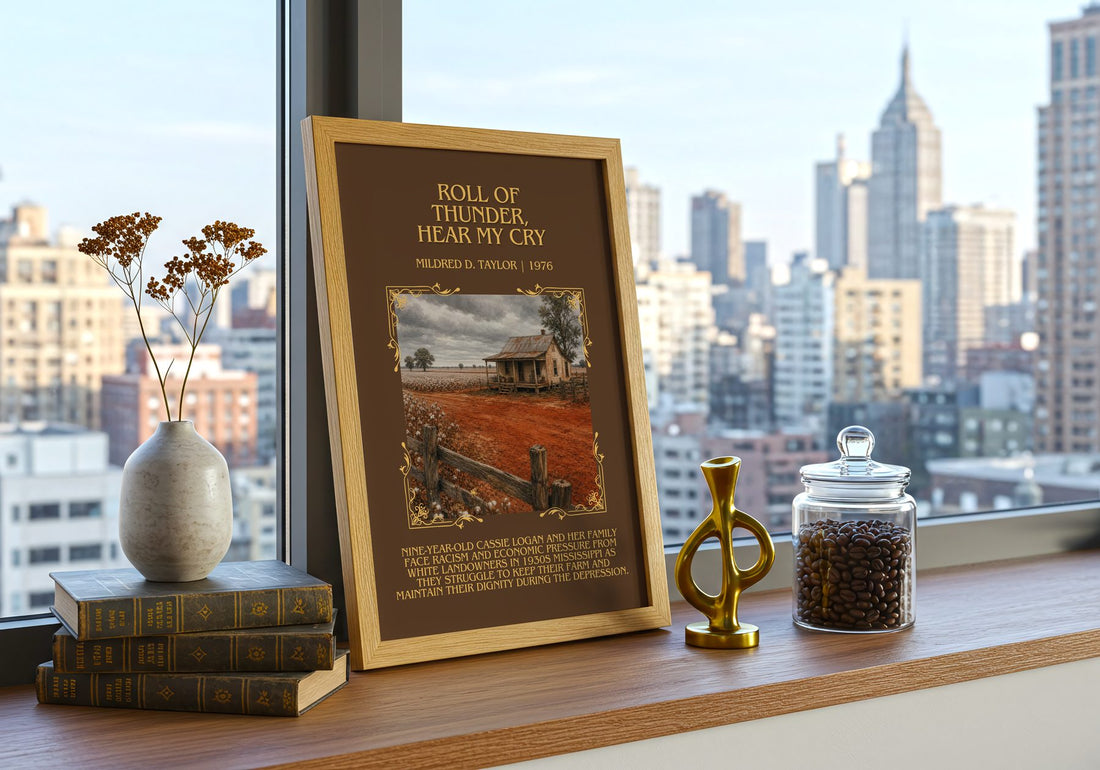 Roll of Thunder, Hear My Cry Minimalist Book Poster by M. Taylor – framed print on a city-view windowsill