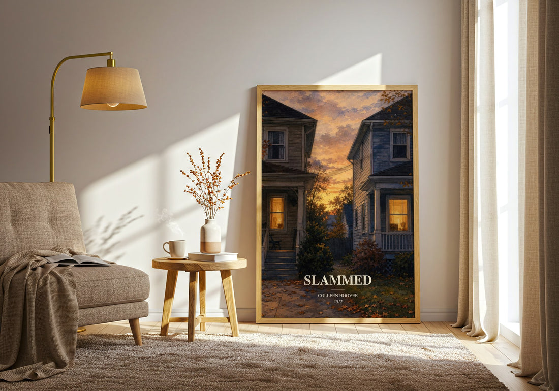 Slammed watercolour print in frame leaning in hallway – contemporary fiction wall art (mockup)