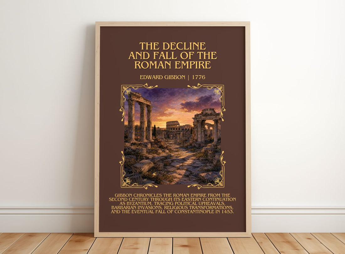 The Decline and Fall of the Roman Empire Minimalist Book Poster by Edward Gibbon – framed print leaning on a wooden floor