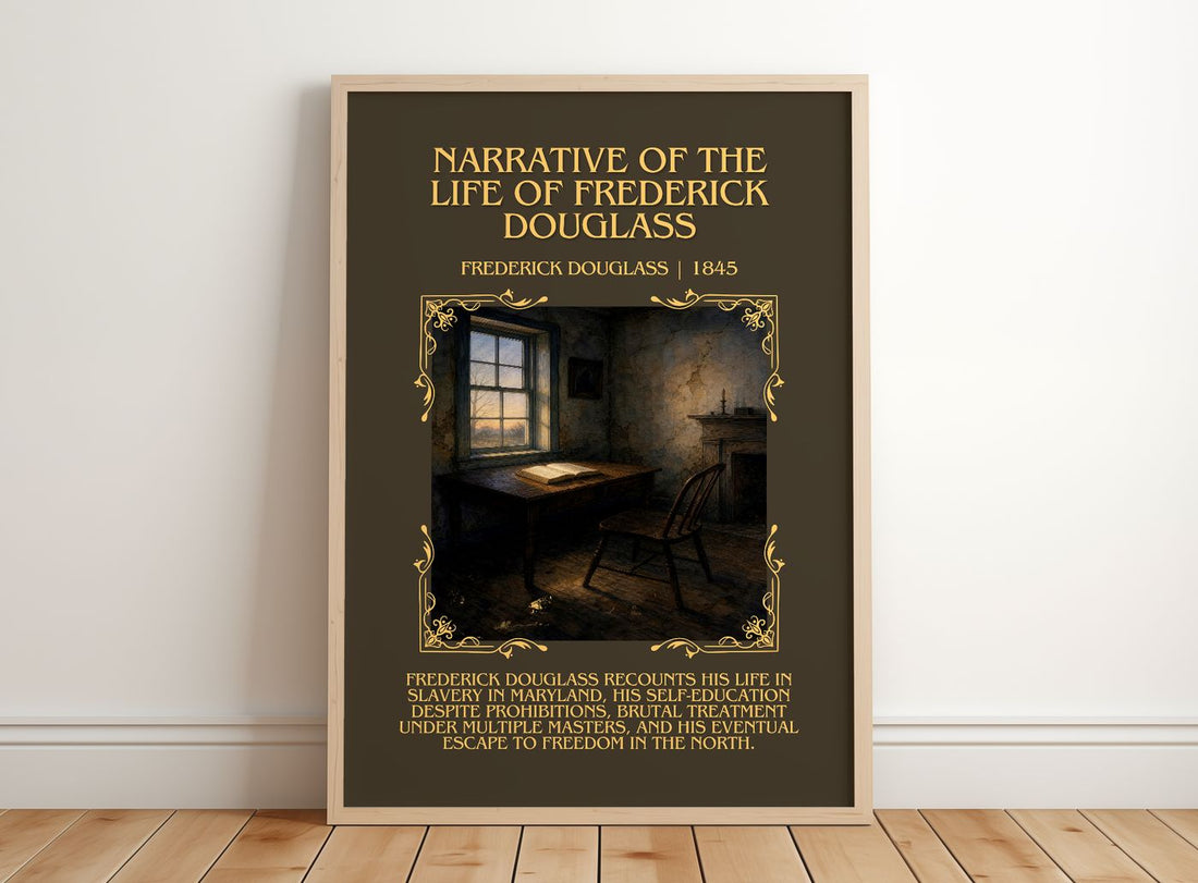 Narrative of the Life of Frederick Douglass Minimalist Book Poster by Frederick Douglass – framed print leaning on a wooden floor