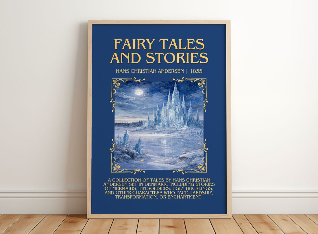 Fairy Tales and Stories Minimalist Book Poster by H. Andersen – framed print leaning on a wooden floor