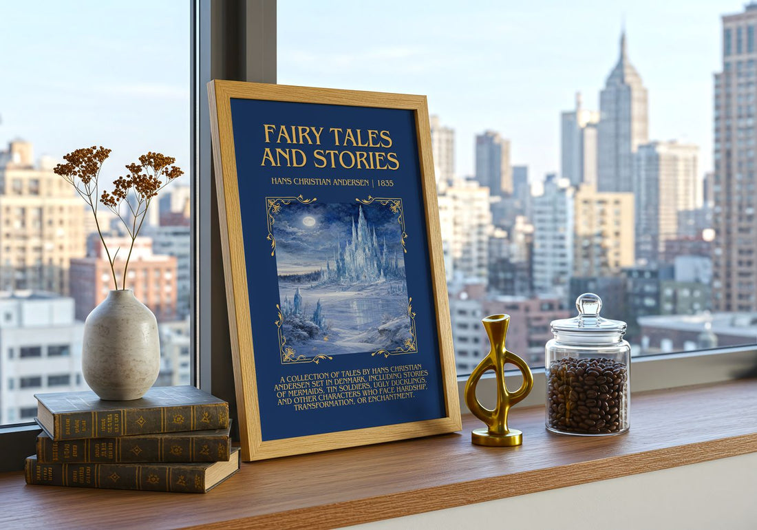 Fairy Tales and Stories Minimalist Book Poster by H. Andersen – framed print on a city-view windowsill