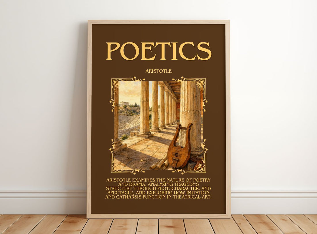 Poetics Minimalist Book Poster by Aristotle – framed print leaning on a wooden floor