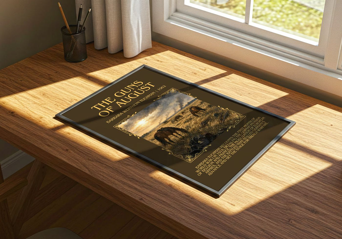 The Guns of August Minimalist Book Poster by Barbara Wertheim Tuchman – print on a sunlit desk