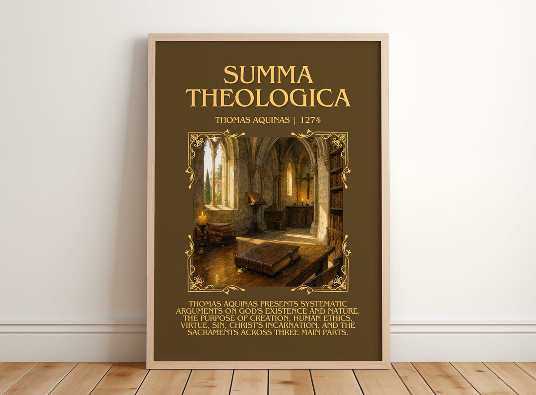 Summa Theologica Minimalist Book Poster by Thomas Aquinas – framed print leaning on a wooden floor