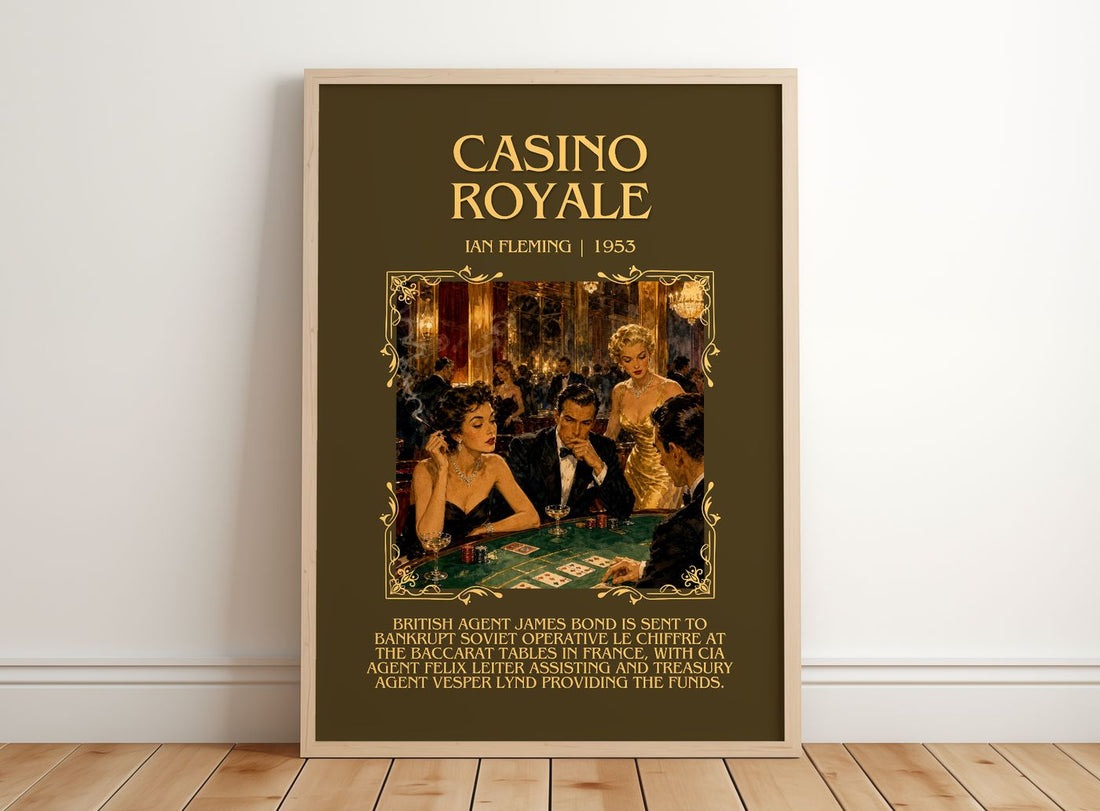 Casino Royale Minimalist Book Poster by Ian Fleming – framed print leaning on a wooden floor