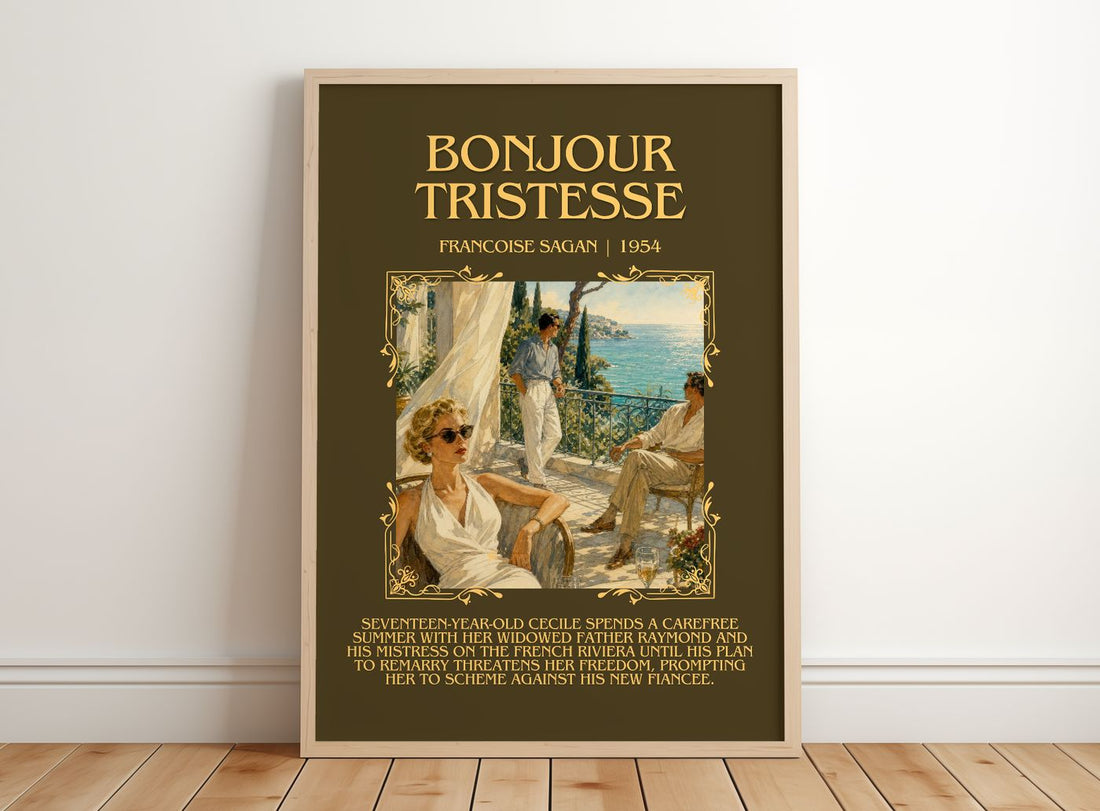 Bonjour Tristesse Minimalist Book Poster by Francoise Sagan – framed print leaning on a wooden floor