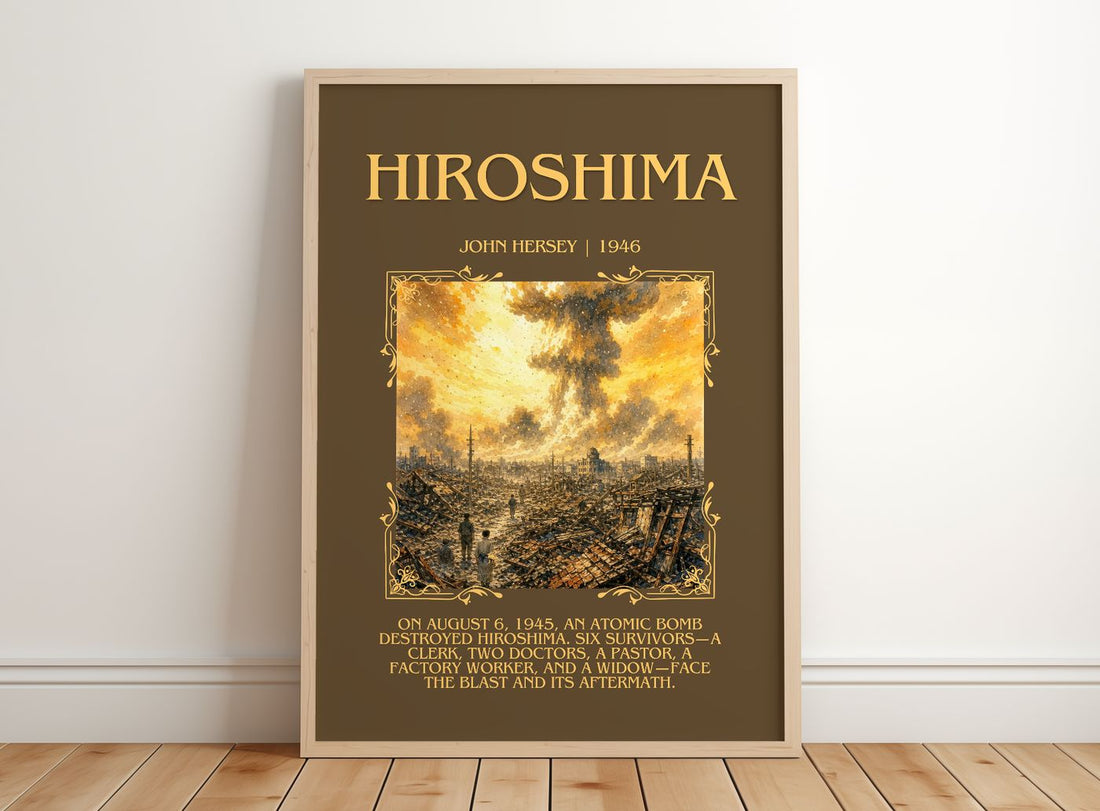 Hiroshima Minimalist Book Poster by John Hersey – framed print leaning on a wooden floor