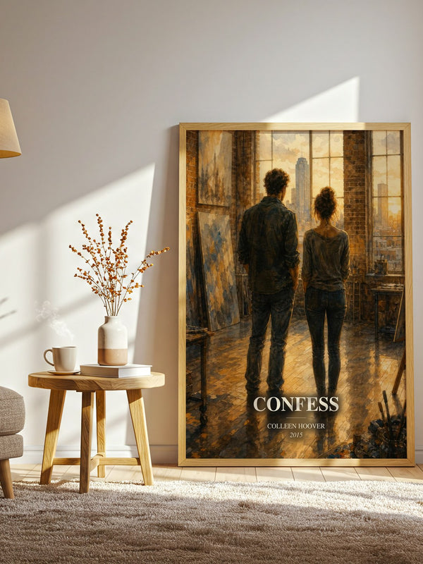 Confess watercolour print in frame leaning in hallway – contemporary fiction wall art