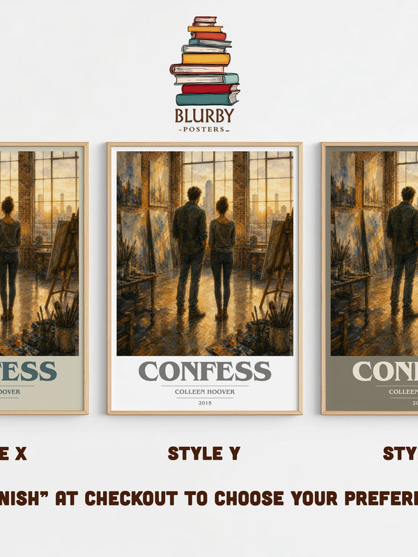 Confess book cover print in frame leaning in hallway – contemporary fiction wall art