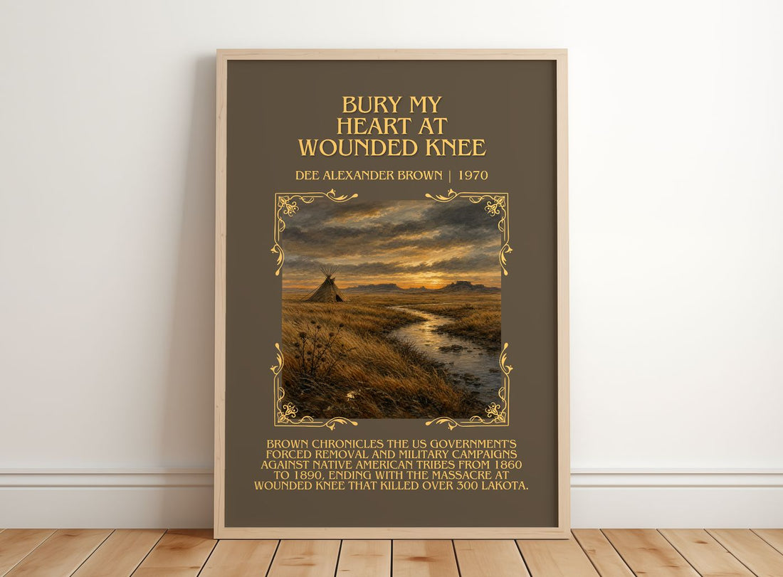 Bury My Heart at Wounded Knee Minimalist Book Poster by D. Brown – framed print leaning on a wooden floor