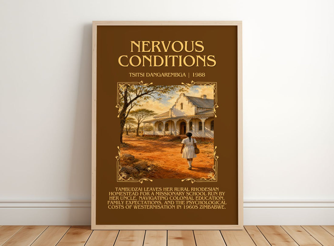 Nervous Conditions Minimalist Book Poster by Tsitsi Dangarembga – framed print leaning on a wooden floor