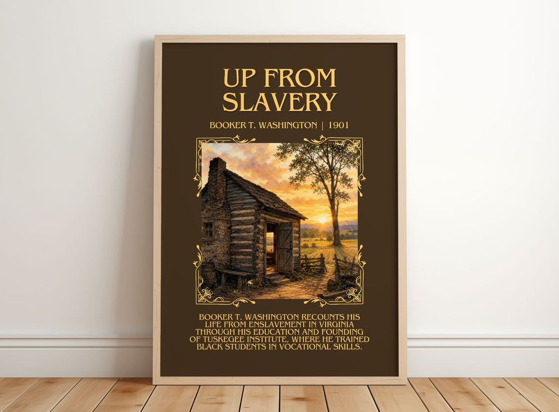 Up from Slavery Minimalist Book Poster by Booker T. Washington – framed print leaning on a wooden floor