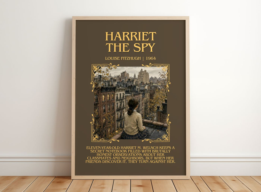 Harriet the Spy Minimalist Book Poster by Louise Fitzhugh – framed print leaning on a wooden floor