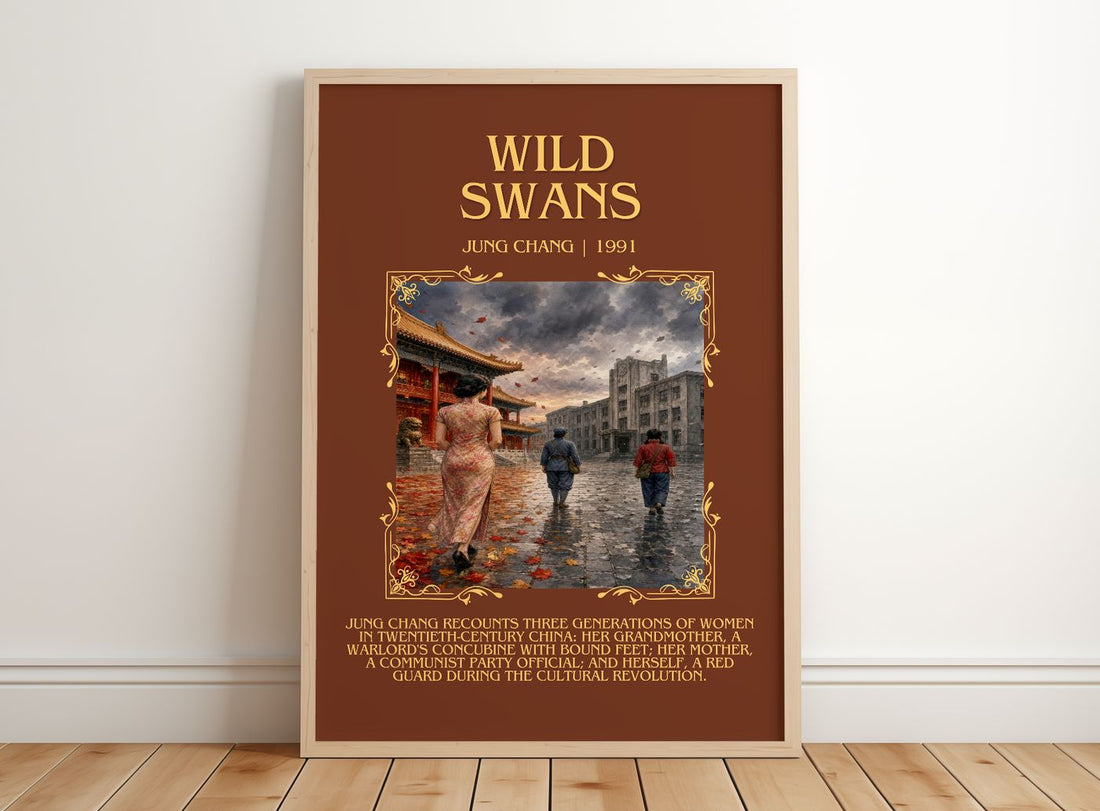 Wild Swans Minimalist Book Poster by Jung Chang – framed print leaning on a wooden floor