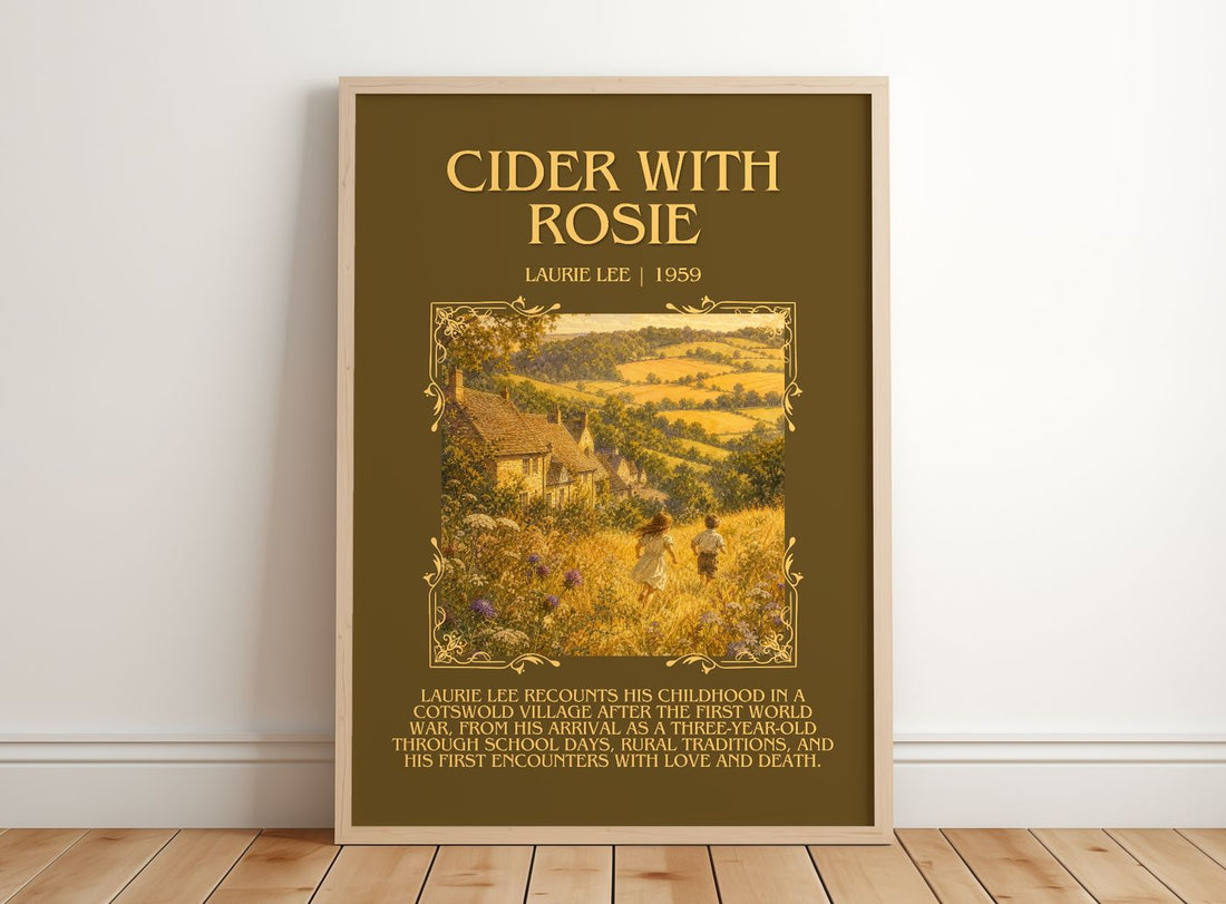 Cider with Rosie Minimalist Book Poster by Laurie Lee – framed print leaning on a wooden floor