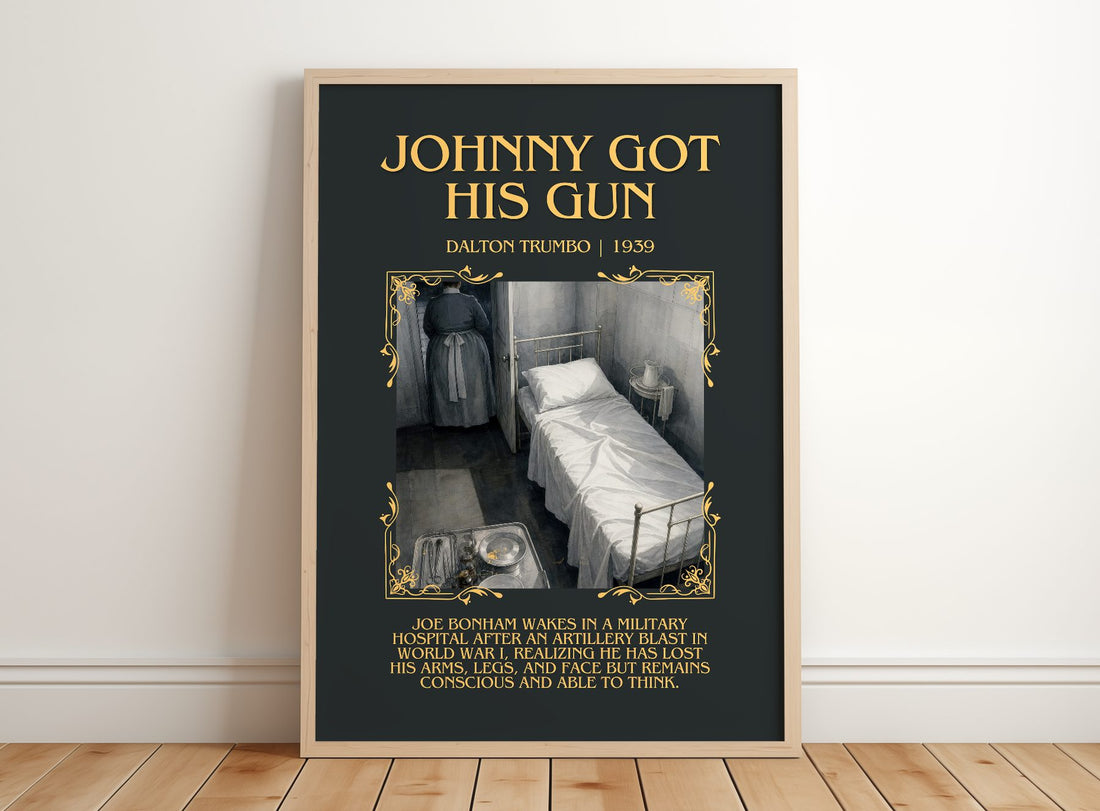 Johnny Got His Gun Minimalist Book Poster by Dalton Trumbo – framed print leaning on a wooden floor