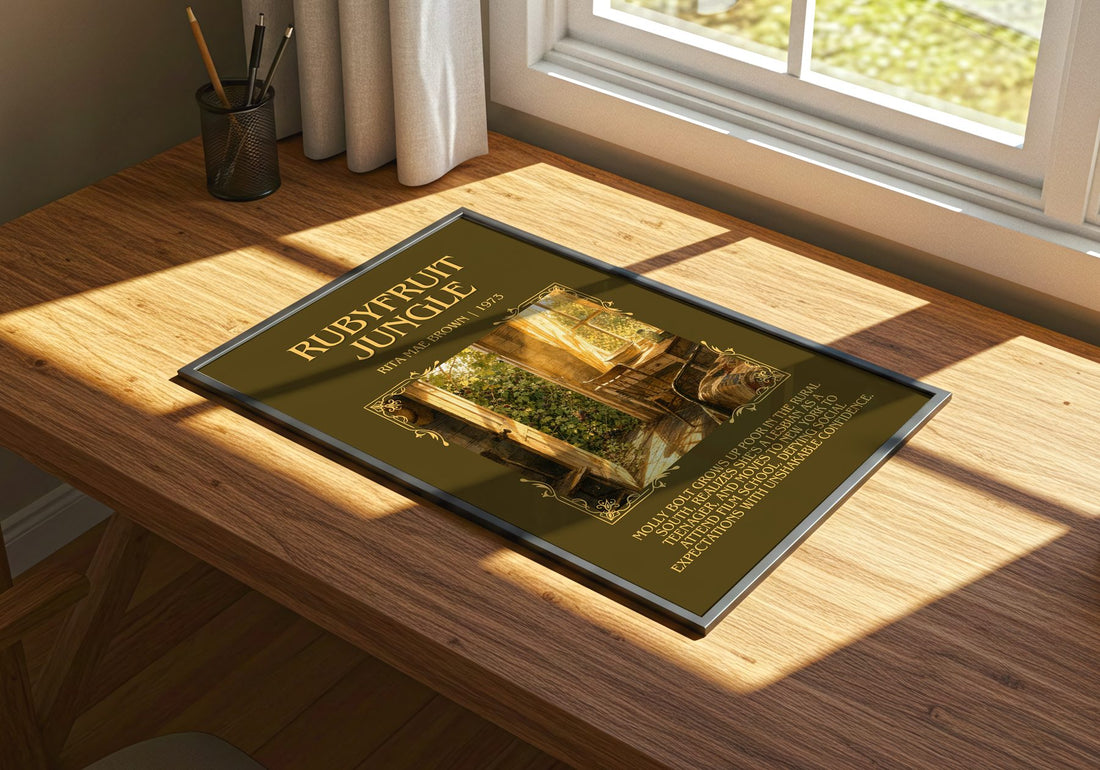 Rubyfruit Jungle Minimalist Book Poster by Rita Mae Brown – print on a sunlit desk