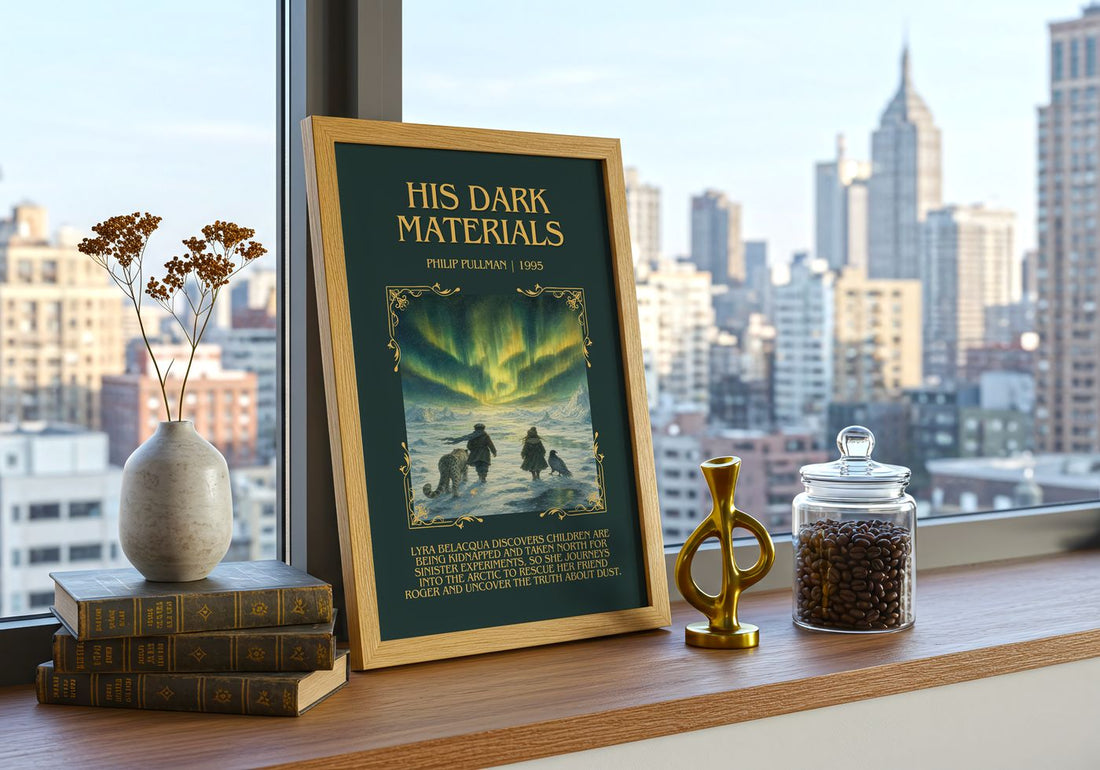 His Dark Materials Minimalist Book Poster by Philip Pullman – framed print on a city-view windowsill