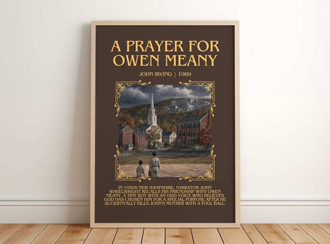 A Prayer for Owen Meany Minimalist Book Poster by John Irving – framed print leaning on a wooden floor