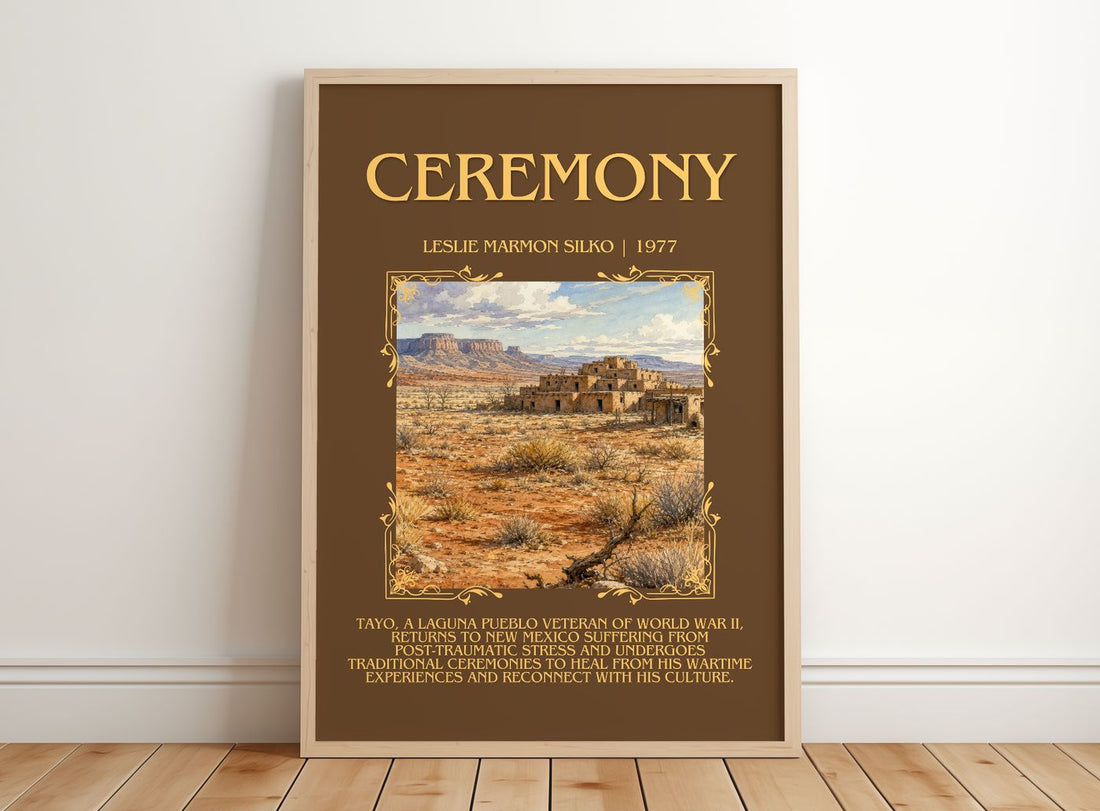 Ceremony Minimalist Book Poster by Leslie Marmon Silko – framed print leaning on a wooden floor