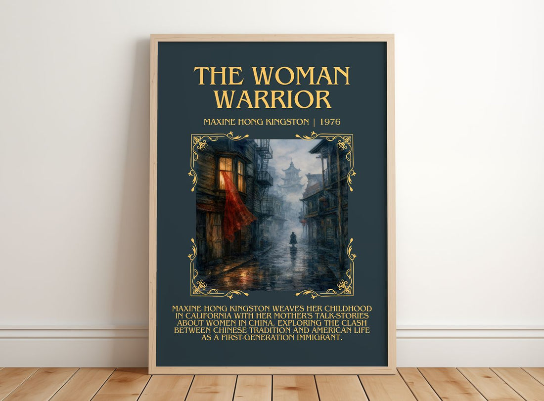 The Woman Warrior Minimalist Book Poster by Maxine Hong Kingston – framed print leaning on a wooden floor