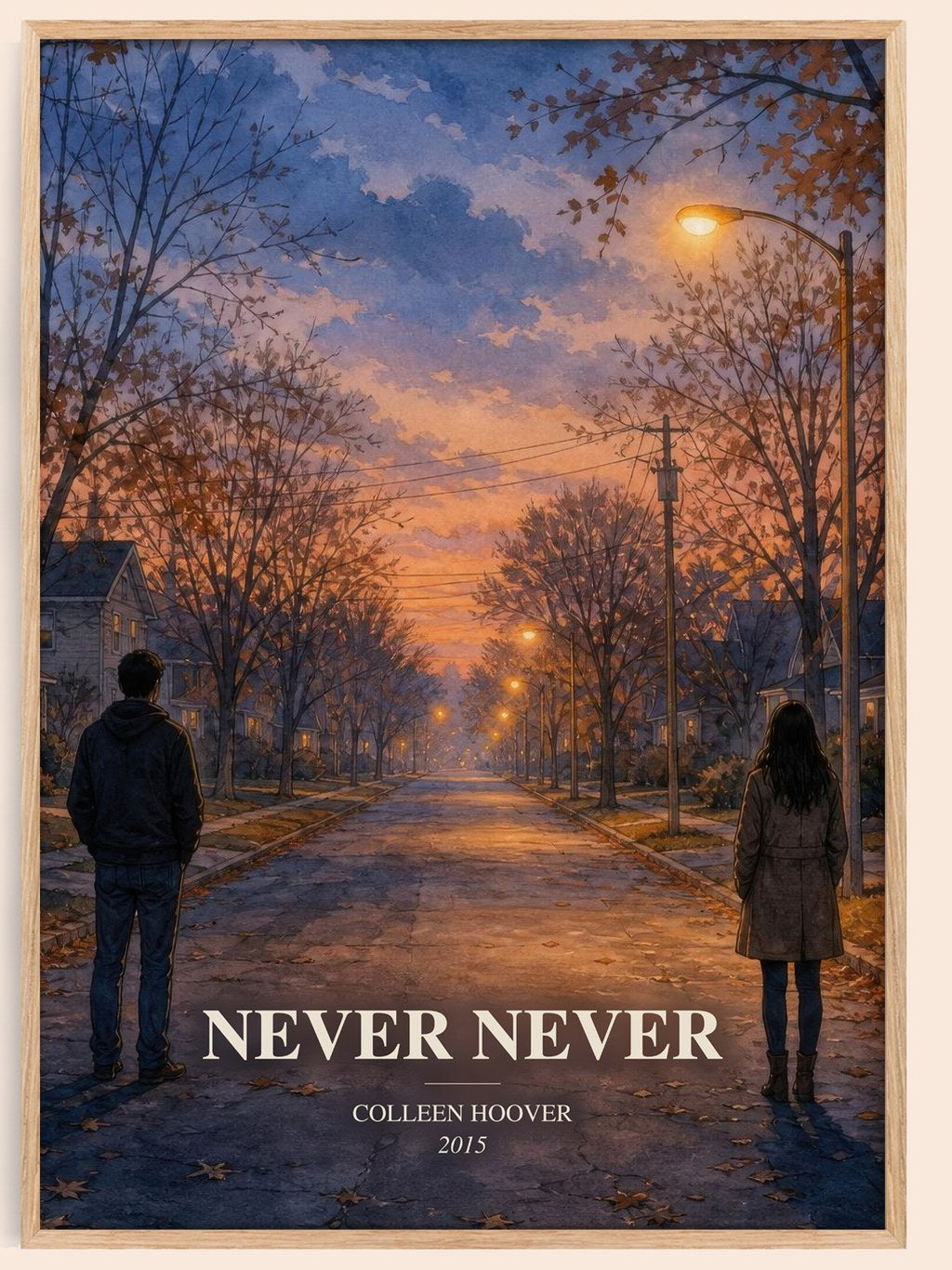 Never Never watercolour book poster by Colleen Hoover – framed literary art print