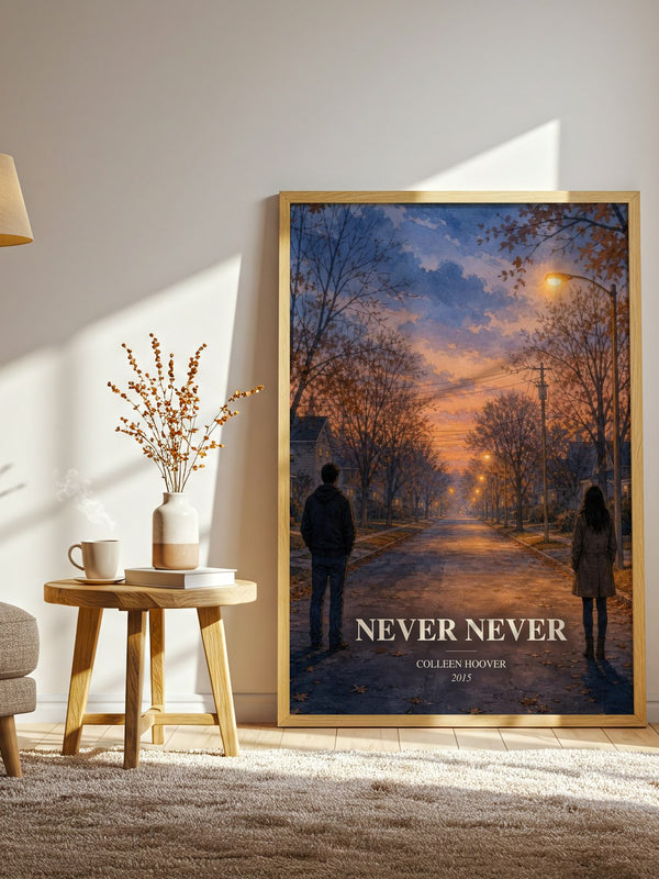 Never Never watercolour print in frame leaning in hallway – young adult wall art