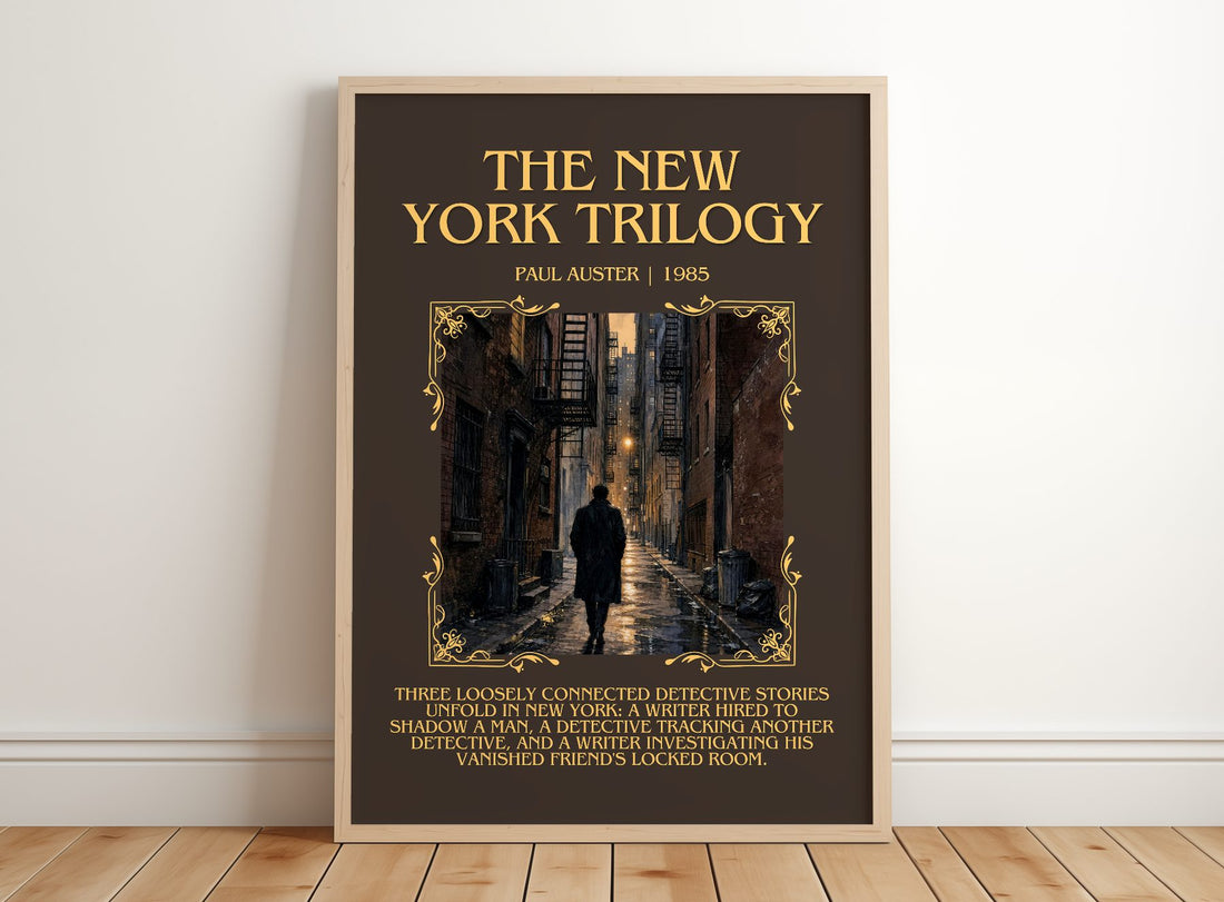 The New York Trilogy Minimalist Book Poster by Paul Auster – framed print leaning on a wooden floor