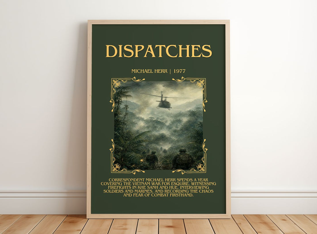 Dispatches Minimalist Book Poster by Michael Herr – framed print leaning on a wooden floor
