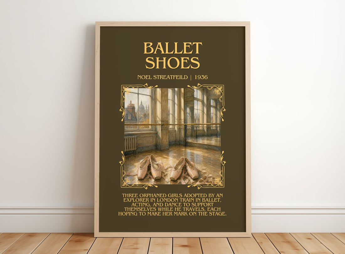 Ballet Shoes Minimalist Book Poster by Noel Streatfeild – framed print leaning on a wooden floor