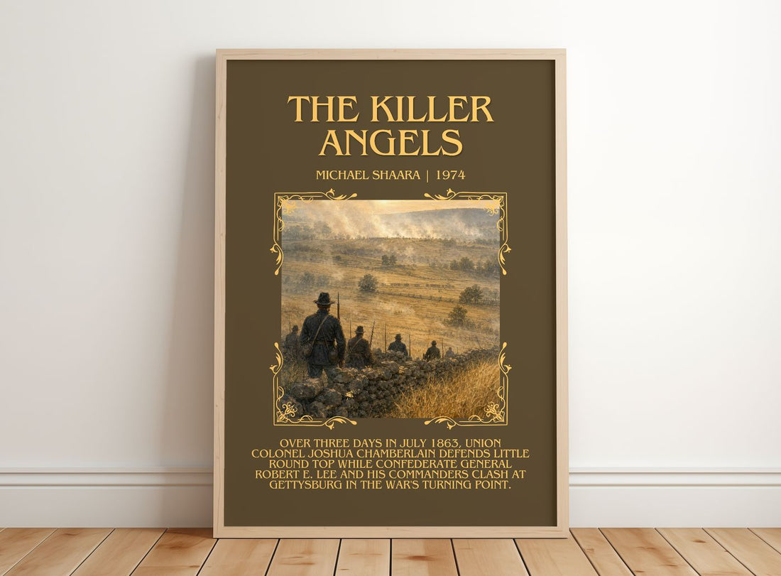 The Killer Angels Minimalist Book Poster by Michael Shaara – framed print leaning on a wooden floor