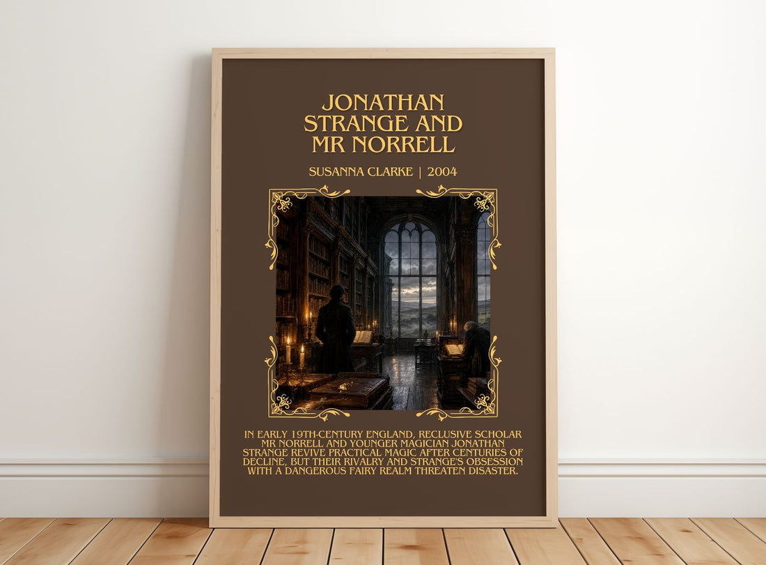 Jonathan Strange and Mr Norrell Minimalist Book Poster by S. Clarke – framed print leaning on a wooden floor
