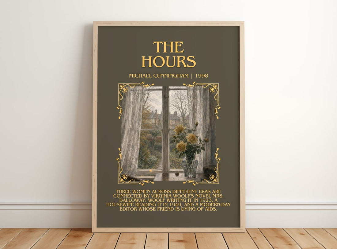 The Hours Minimalist Book Poster by Michael Cunningham – framed print leaning on a wooden floor
