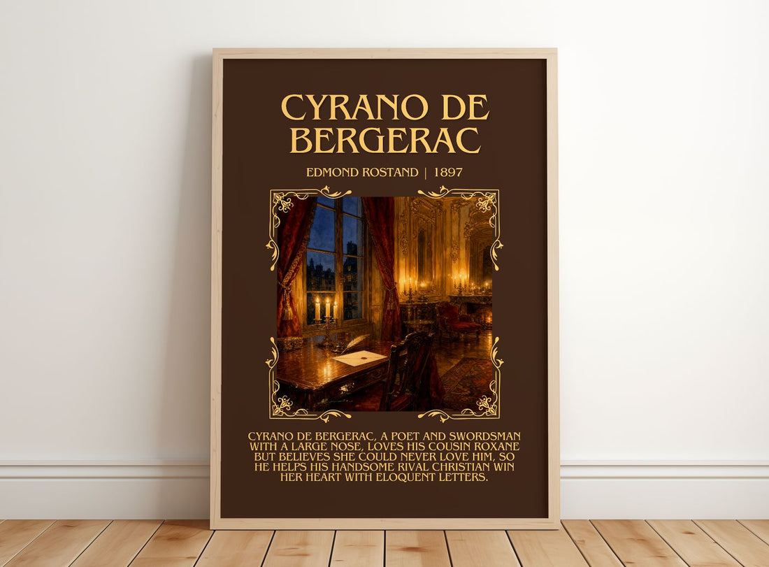 Cyrano de Bergerac Minimalist Book Poster by Edmond Rostand – framed print leaning on a wooden floor