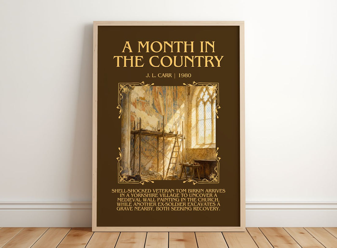 A Month In The Country Minimalist Book Poster by J. L. Carr – framed print leaning on a wooden floor